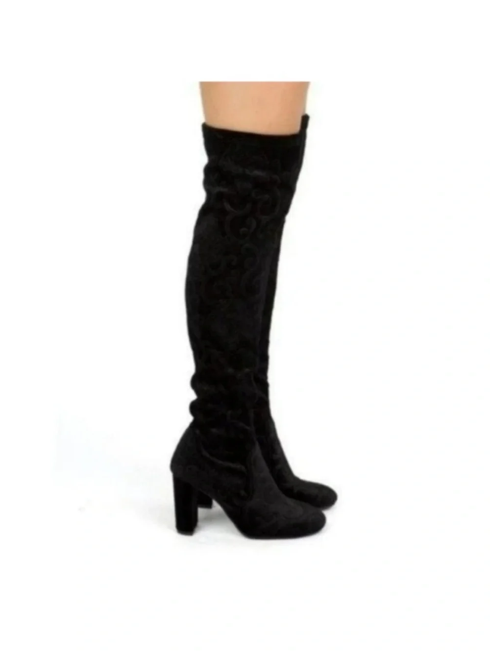 Black embroidered over the knee boots chunky block heel velvet